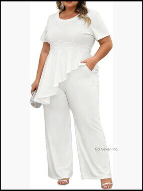Plus Size 2 Piece Suit Set Peplum Top Straight Pants Business Pantsuits